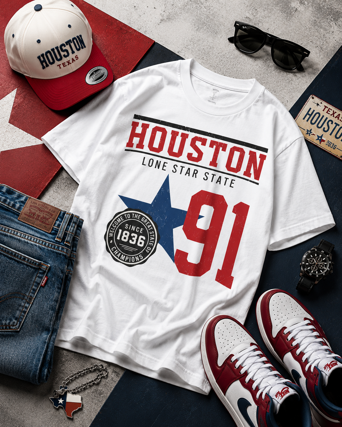 White t-shirt with 'Houston Lone Star State 91' design, surrounded by jeans, sneakers, cap, and sunglasses on a textured surface.
