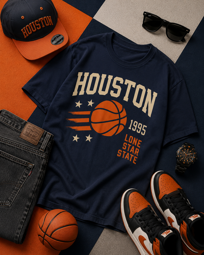 Navy blue t-shirt with 'Houston 1995 Lone Star State' design, surrounded by basketball-themed accessories on a checkered background.