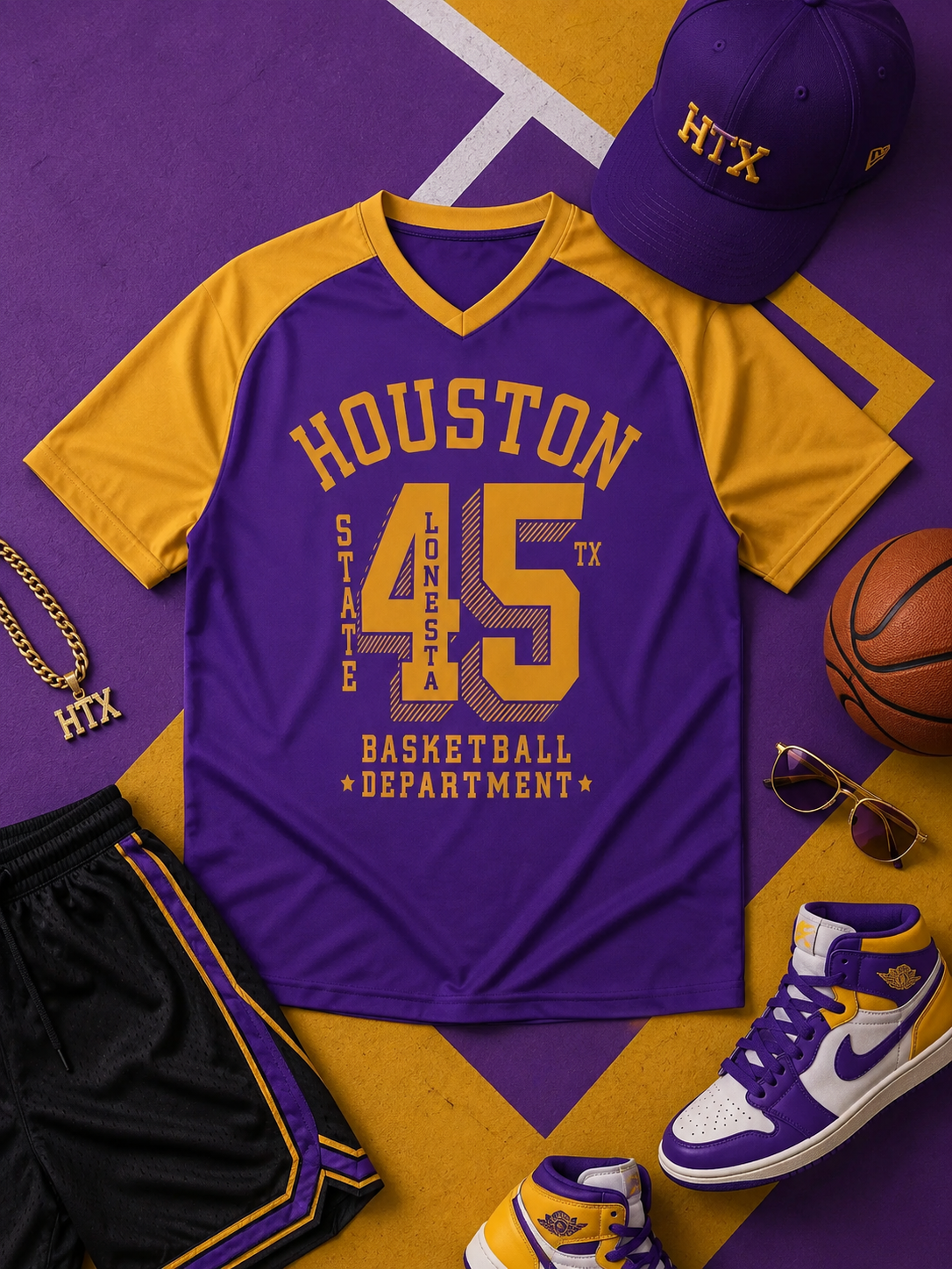 Purple and yellow sports-themed shirt with basketball elements on a matching background