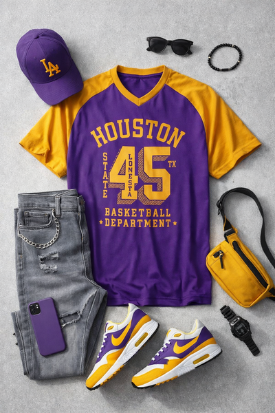 Houston Basketball V-Neck T-Shirt – Purple and Gold Athletic City Sports Shirt
