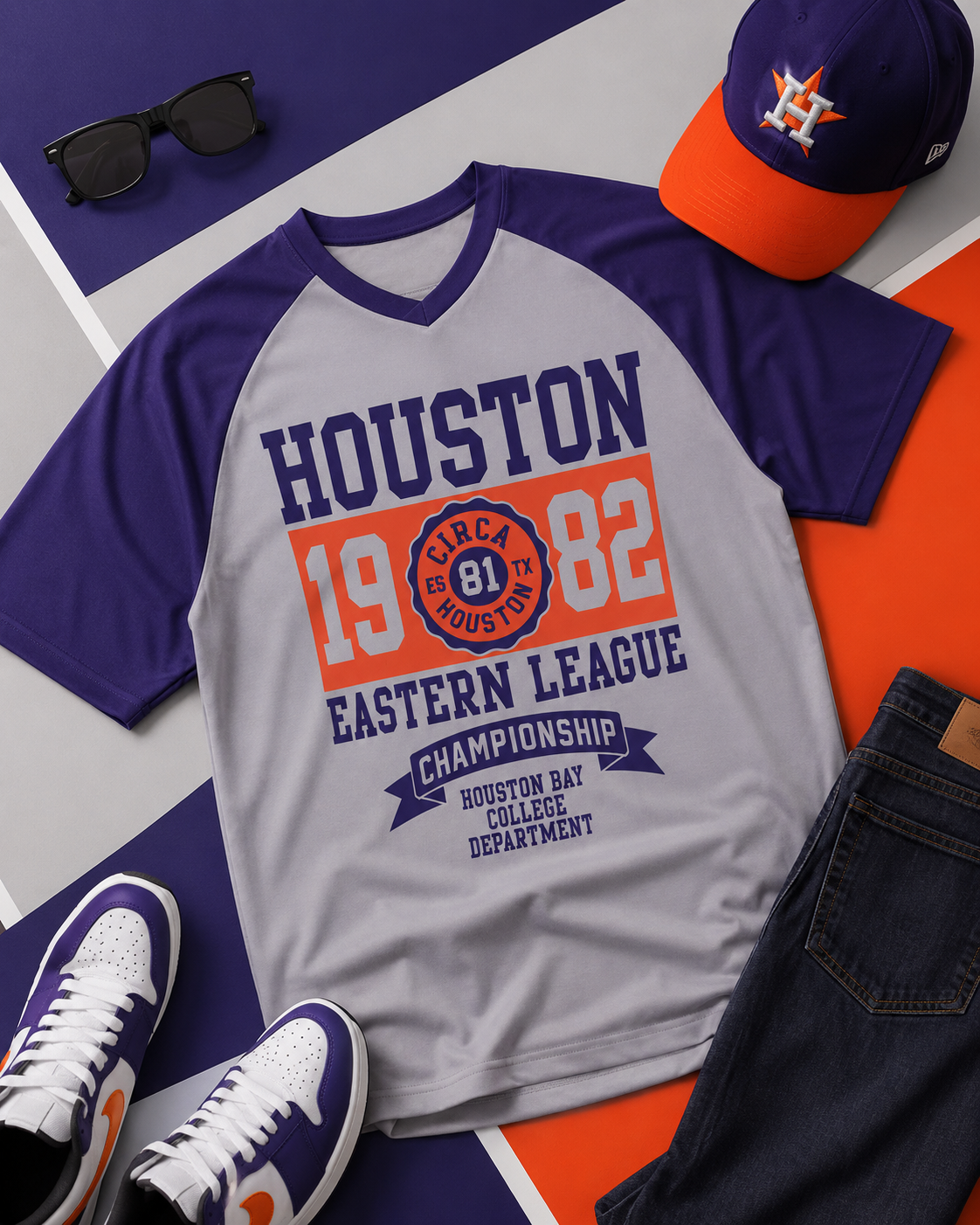 Gray and purple t-shirt with 'Houston' text, sunglasses, cap, and jeans on a colorful background