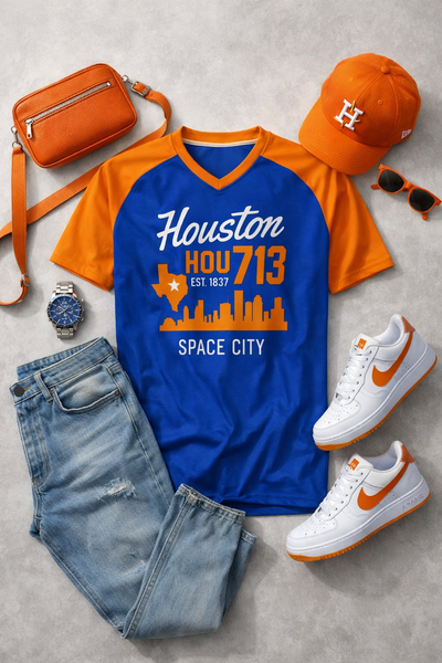 Houston Space City V-Neck T-Shirt – Blue and Orange Urban Sports Shirt