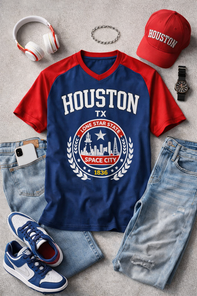Houston Space City V-Neck T-Shirt – Navy and Red Texas Athletic Shirt c