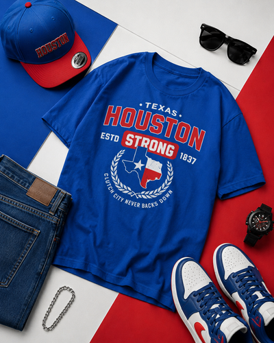 Blue t-shirt with 'Houston Strong' design, surrounded by accessories on a colorful background