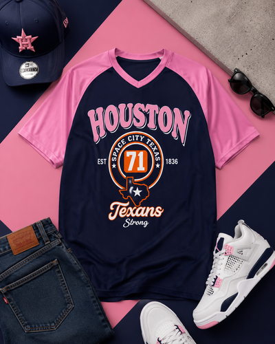 Navy and pink 'Houston Texans' t-shirt with accessories on a pink and navy background