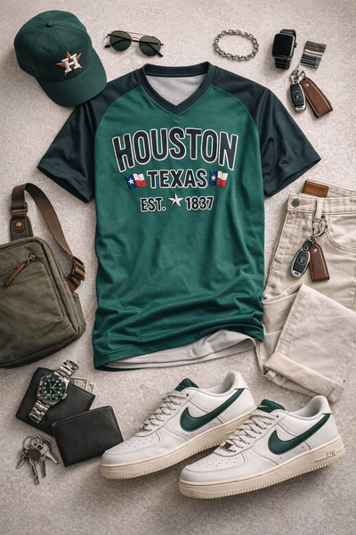 Houston Texas V-Neck T-Shirt – Green and Black Athletic City Shirt