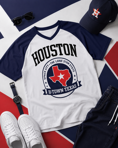 White t-shirt with 'Houston H-Town Texas' design on a red, white, and blue background.