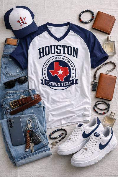 Collection of items including a t-shirt with 'Houston' and Texas design, sneakers, jeans, and accessories on a light surface.