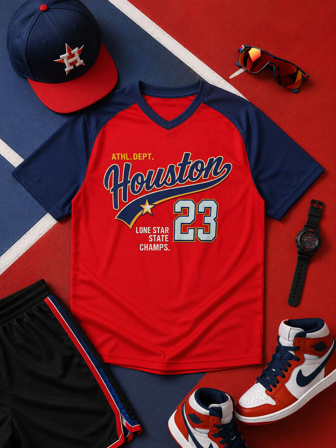 Red and navy sports-themed shirt with 'Houston' and number '23', surrounded by accessories on a red and blue background.