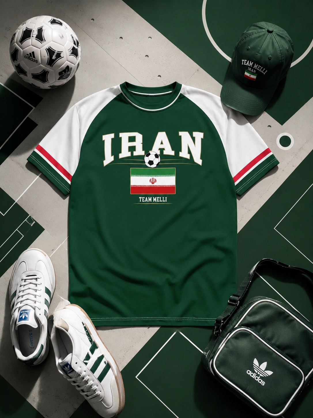 Green 'Iran' t-shirt with flag design, soccer ball, cap, and Adidas bag on a sports court.