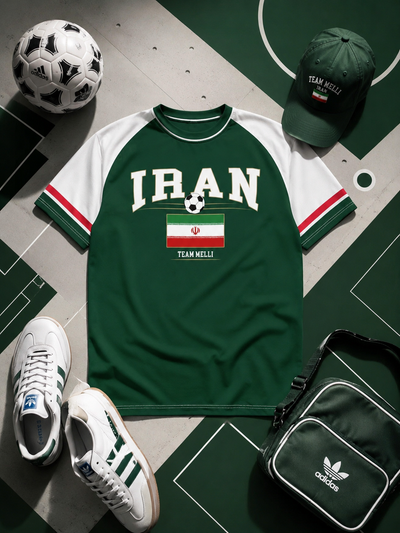 Green 'Iran' t-shirt with flag design, soccer ball, cap, and Adidas bag on a sports court.