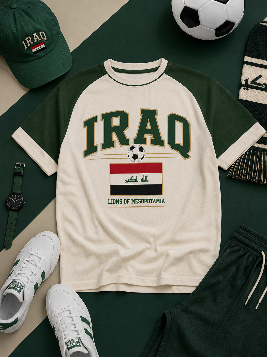 IRAQ-themed clothing and accessories including a t-shirt, cap, shorts, and sneakers on a green surface.