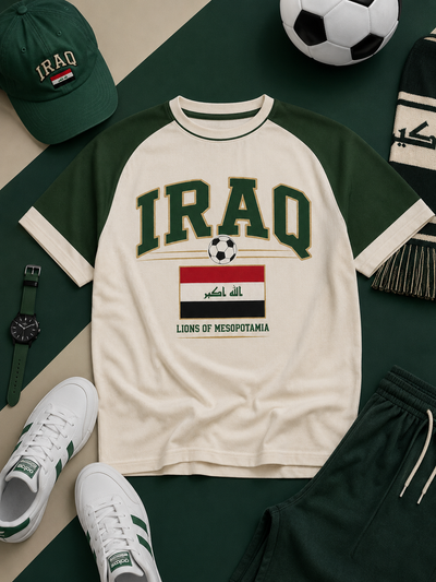 IRAQ-themed clothing and accessories including a t-shirt, cap, shorts, and sneakers on a green surface.