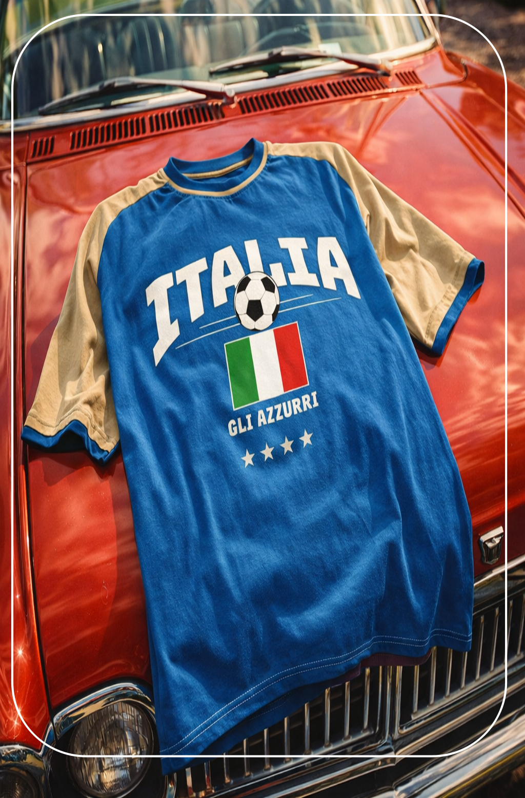 Blue t-shirt with 'Italia' and Italian flag design on a red car