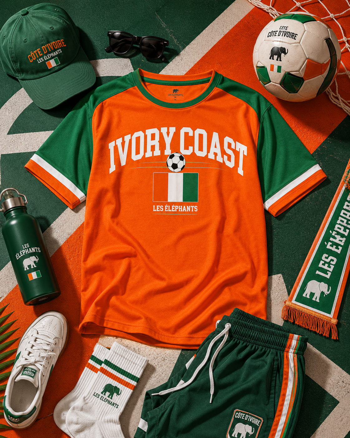 Collection of Ivory Coast-themed sports gear including a t-shirt, shorts, cap, and scarf on a green and orange background.