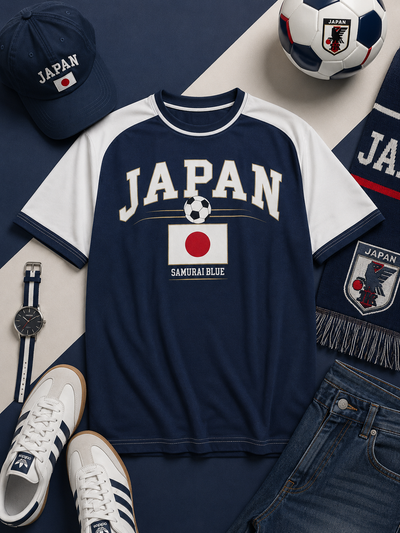 Navy 'Japan' themed clothing set with soccer ball, cap, and accessories on a blue and white background.