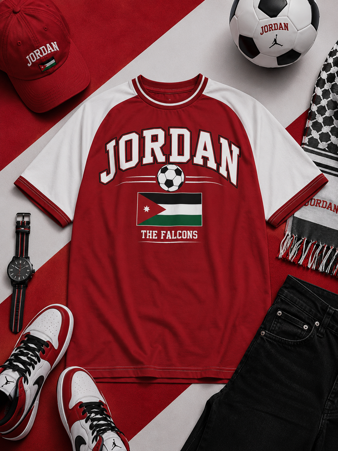 Red and white 'Jordan' t-shirt with soccer ball design, surrounded by accessories on a red and white background.