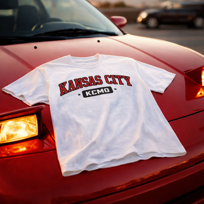 White t-shirt with 'Kansas City' and 'KCMO' text on a red car