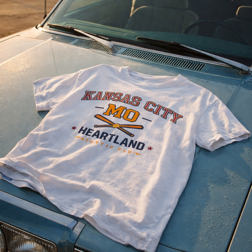White t-shirt with 'Kansas City MO Heartland' design on a vintage car hood.