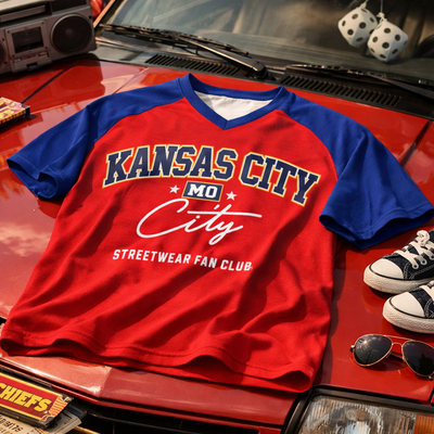 Red and blue t-shirt with 'Kansas City MO City Streetwear Fan Club' text on a red car hood.