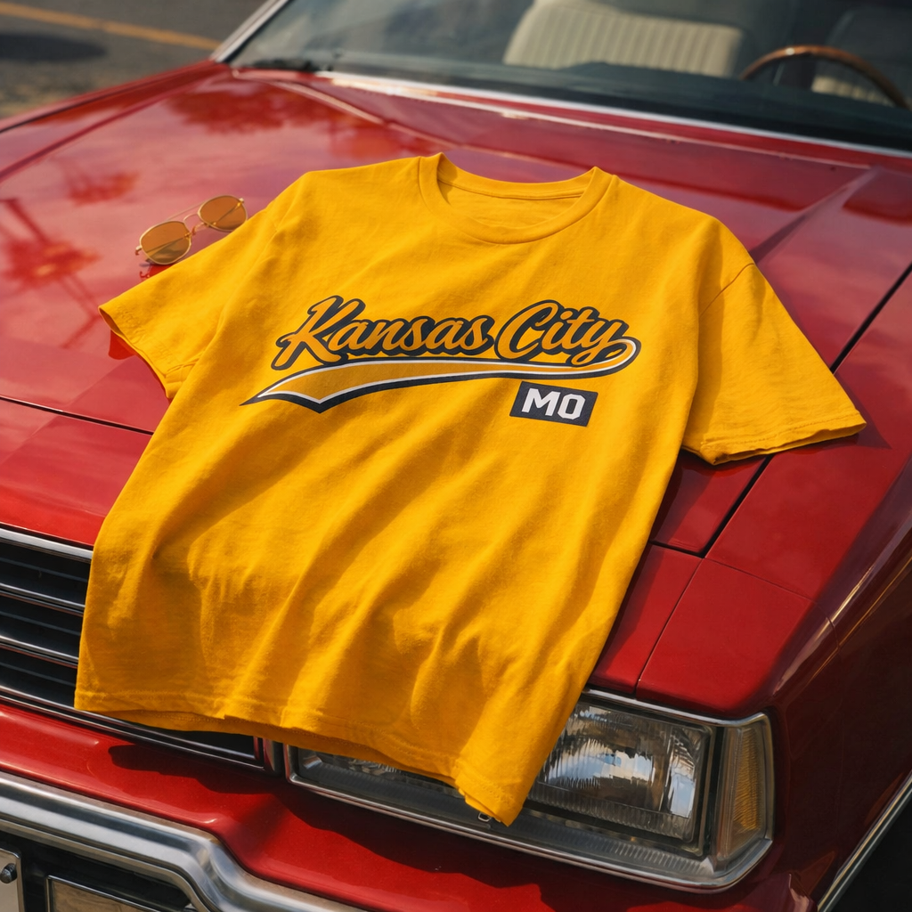 Yellow 'Kansas City MO' t-shirt on a red car hood