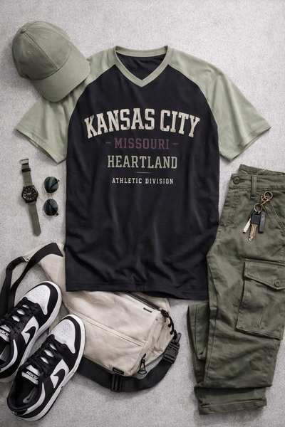 Kansas City Missouri Heartland Raglan T Shirt Black and Olive – Vintage 