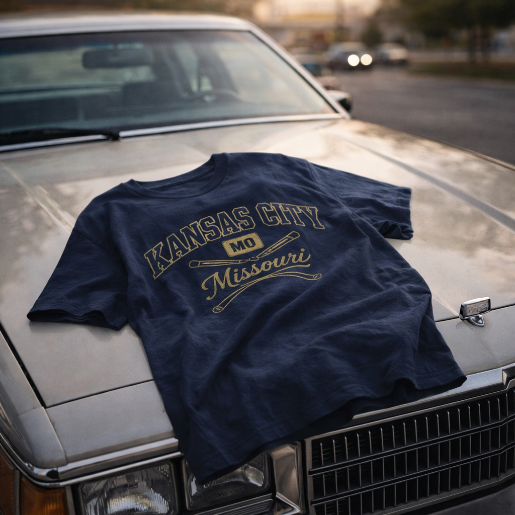 Navy blue t-shirt with 'Kansas City, MO Missouri' text on a classic car