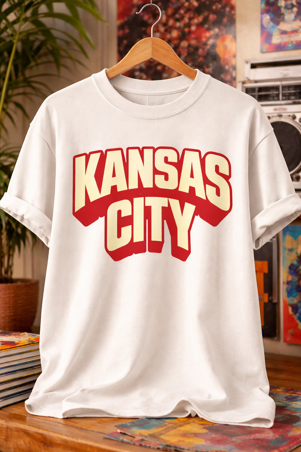 White t-shirt with 'Kansas City' print on a wooden hanger against a colorful background.