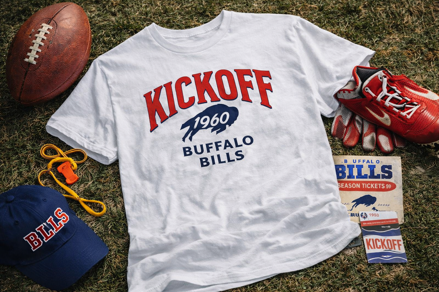 White t-shirt with 'Kickoff 1960 Buffalo Bills' design on grass with football, cap, and other items.