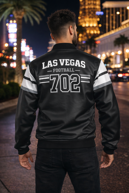 Person wearing a black jacket with 'Las Vegas Football 702' text, standing in a city street at night.