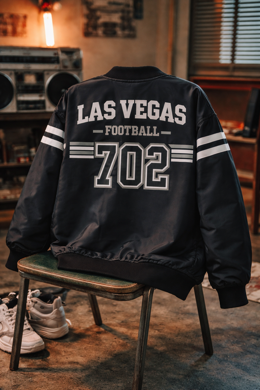 Black jacket with 'Las Vegas Football 702' text on a chair in a room with vintage decor.