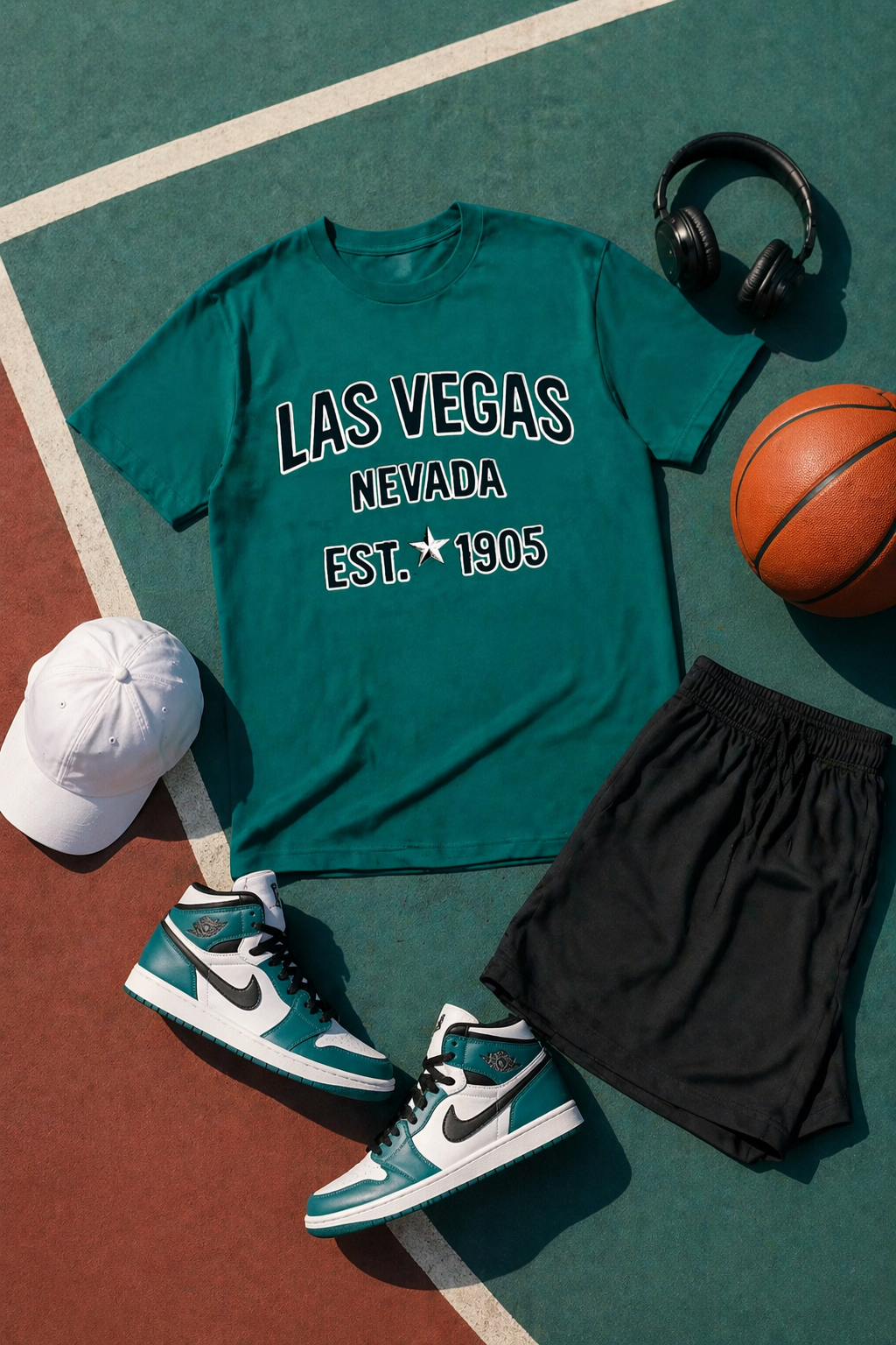 Green t-shirt with 'Las Vegas Nevada Est. 1905' text, basketball, shorts, sneakers, and cap on a court.