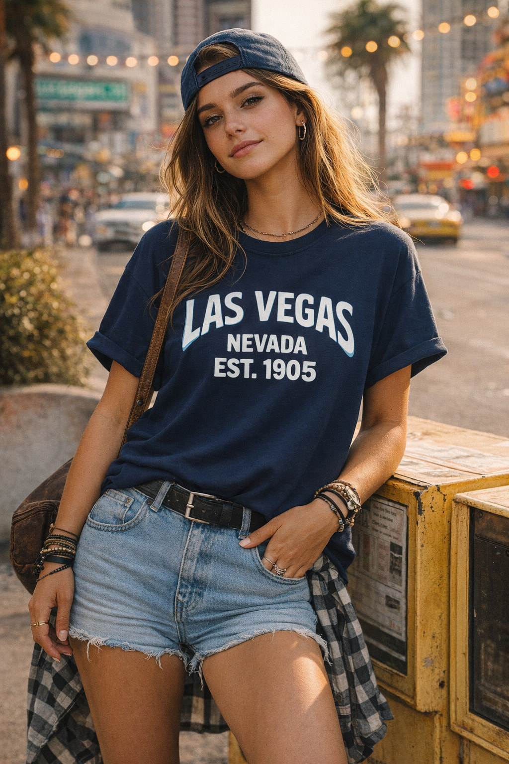 Woman wearing a navy blue t-shirt with 'Las Vegas Nevada Est. 1905' text, standing on a city street.