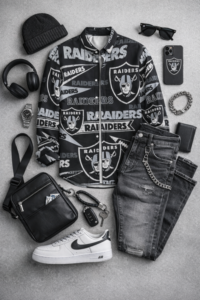 Collection of Oakland Raiders-themed clothing and accessories on a gray surface