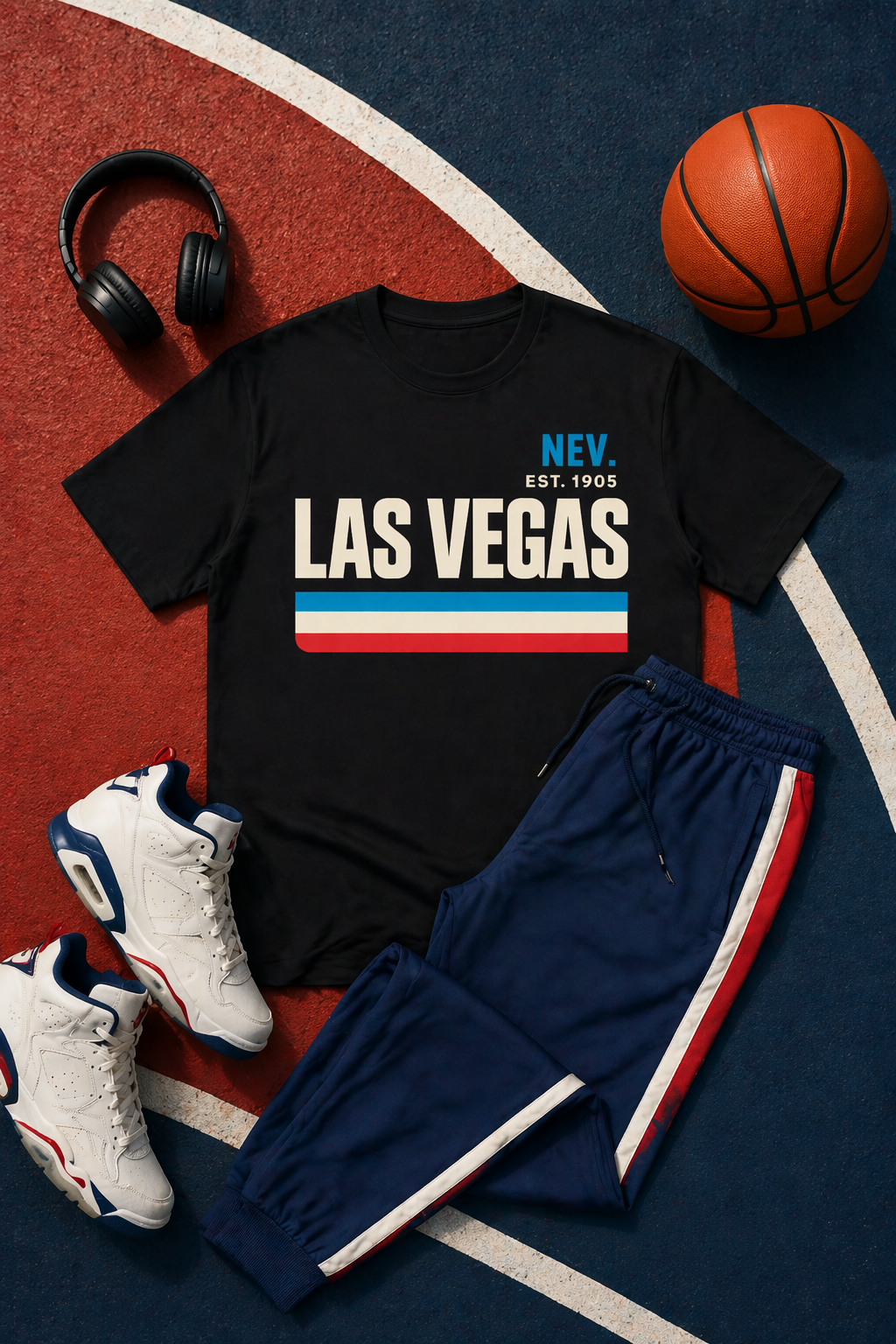 Black t-shirt with 'Las Vegas' text, blue tracksuit, white sneakers, basketball, and headphones on a sports court.