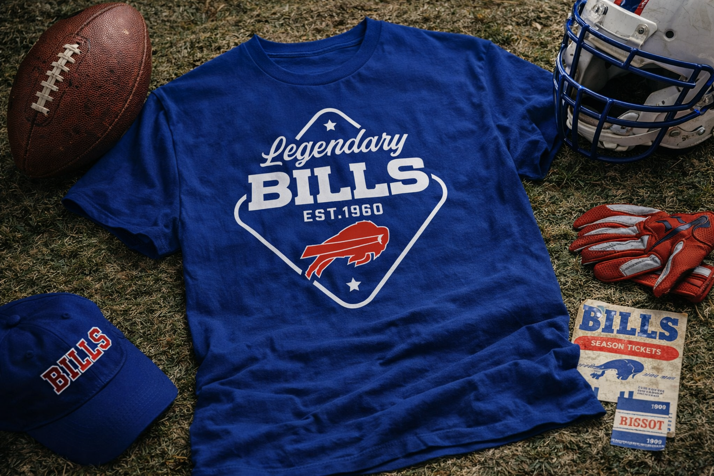 Blue t-shirt with 'Legendary Bills' design, football, helmet, cap, and tickets on a grassy surface.