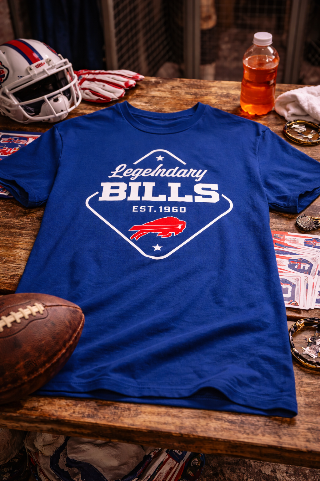 Blue t-shirt with 'Legends Bills' design on a wooden table with sports memorabilia.