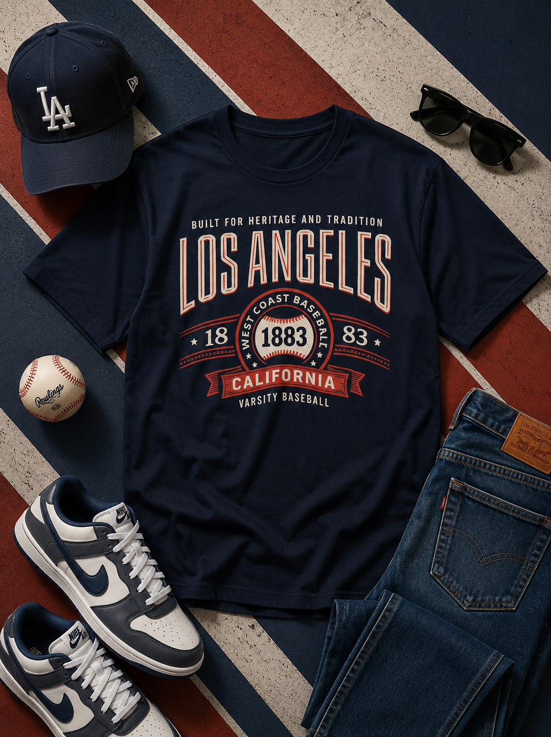 Navy t-shirt with 'Los Angeles' text, baseball cap, sneakers, and sunglasses on a patterned surface.