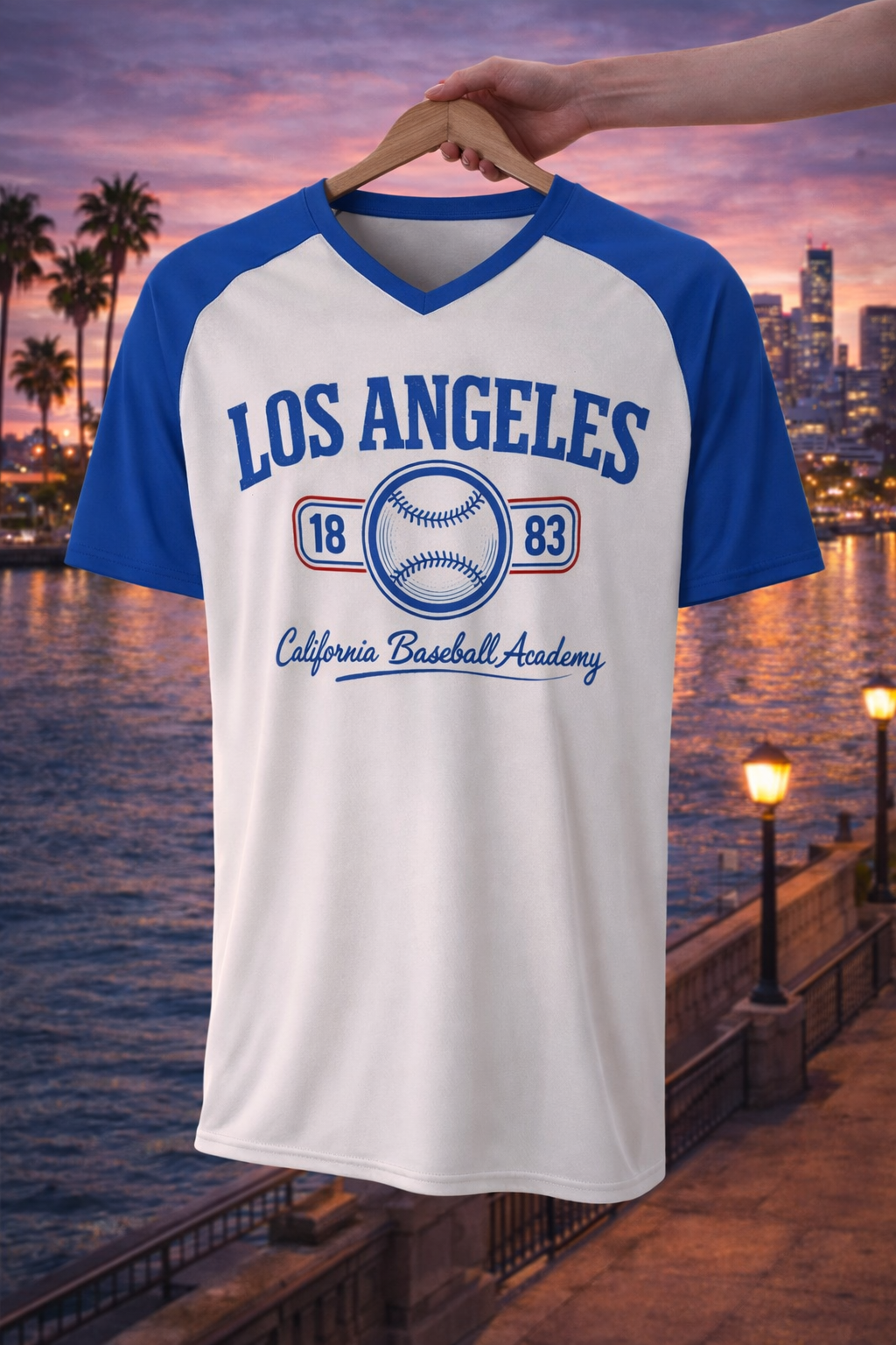 Baseball jersey with 'Los Angeles' and 'California Baseball Academy' text, held up against a cityscape with water.