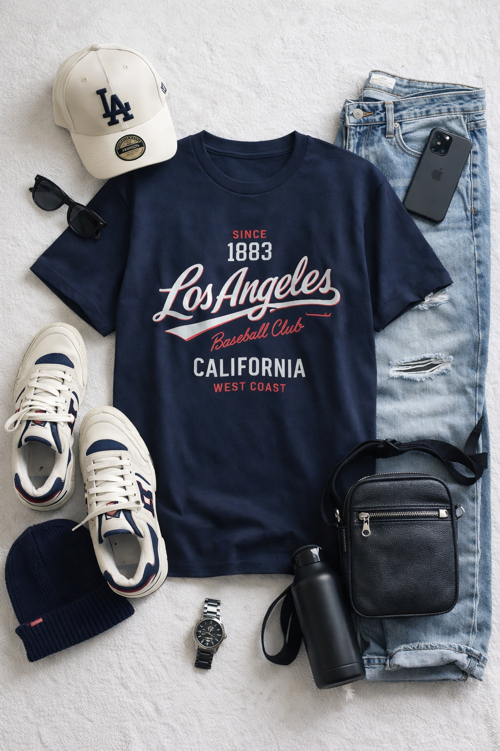 Navy blue t-shirt with 'Los Angeles' text, sneakers, jeans, hat, and accessories on a light gray surface.