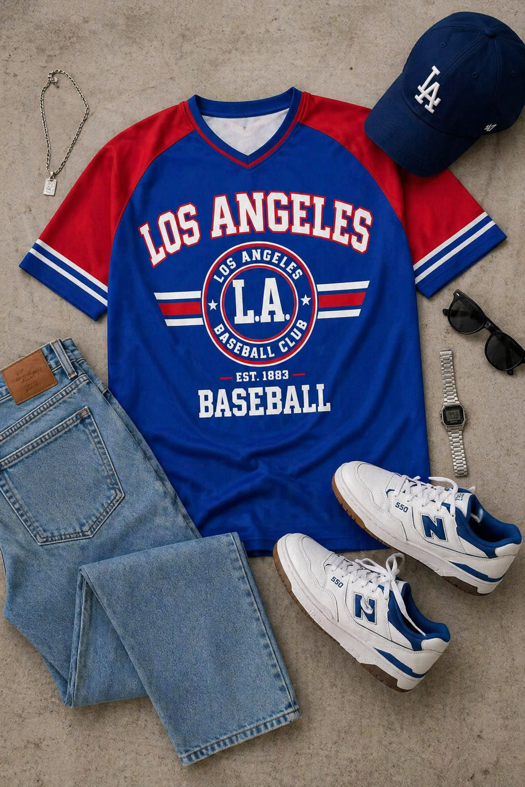 Los Angeles baseball-themed shirt with jeans, sneakers, and cap on a neutral background