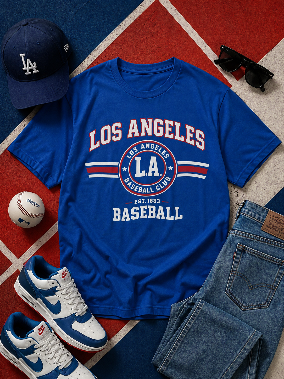 Blue 'Los Angeles Baseball' t-shirt with a cap, sunglasses, baseball, and sneakers on a red and blue checkered background.
