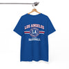 Blue t-shirt with 'Los Angeles Baseball' text on a hanger against a white background
