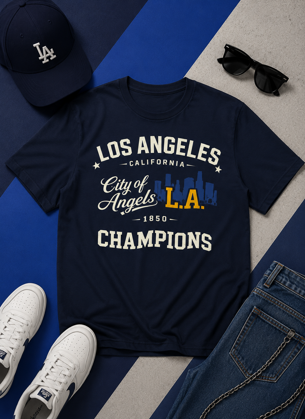 Navy t-shirt with 'Los Angeles Champions' text, surrounded by LA Dodgers cap, sunglasses, and white sneakers on a blue and gray background.