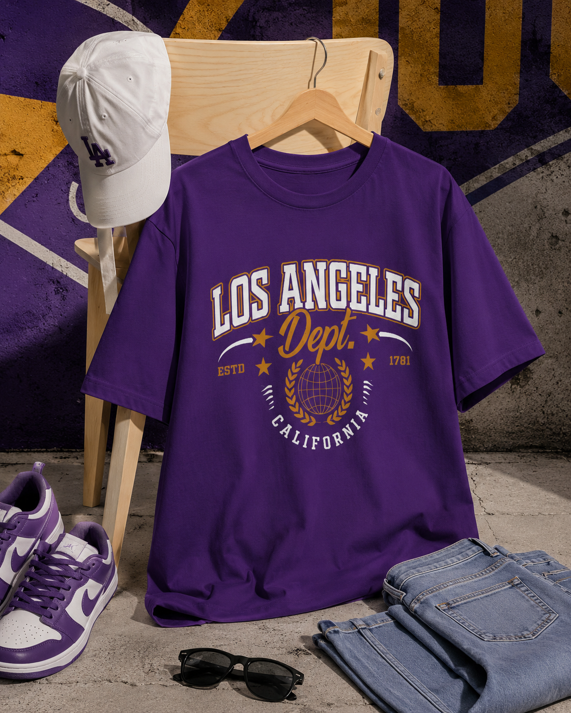 Purple t-shirt with 'Los Angeles Dept' design, white cap, purple sneakers, sunglasses, and jeans on a textured background.