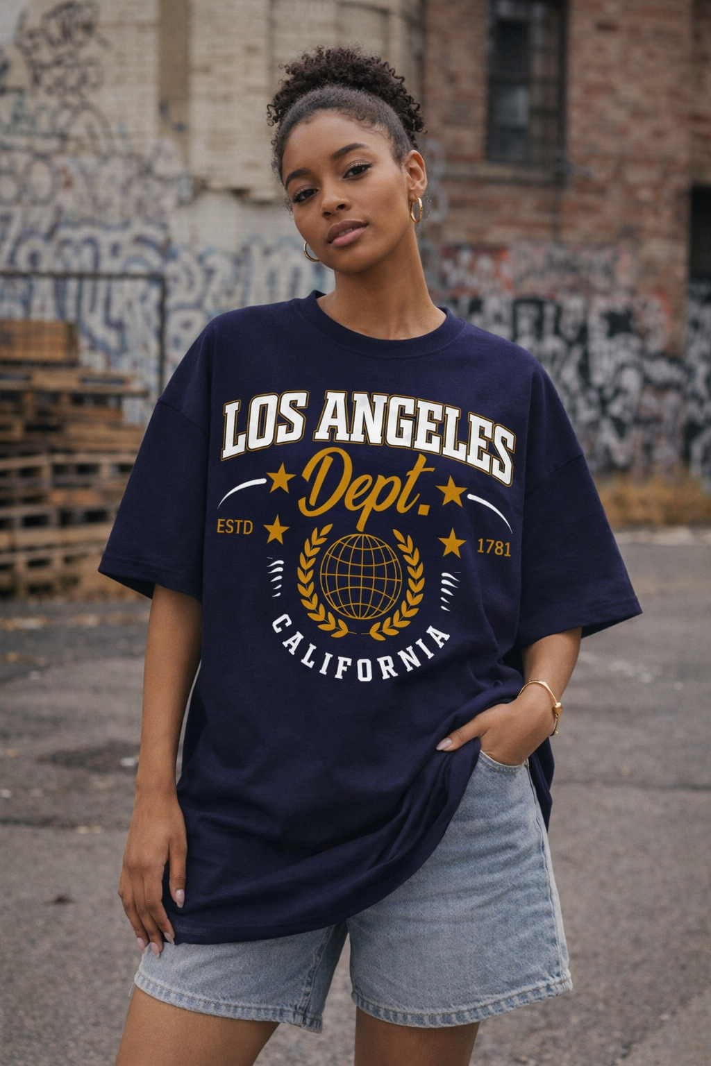 Person wearing a navy blue t-shirt with 'Los Angeles Dept. California' print, standing against a graffiti-covered wall.