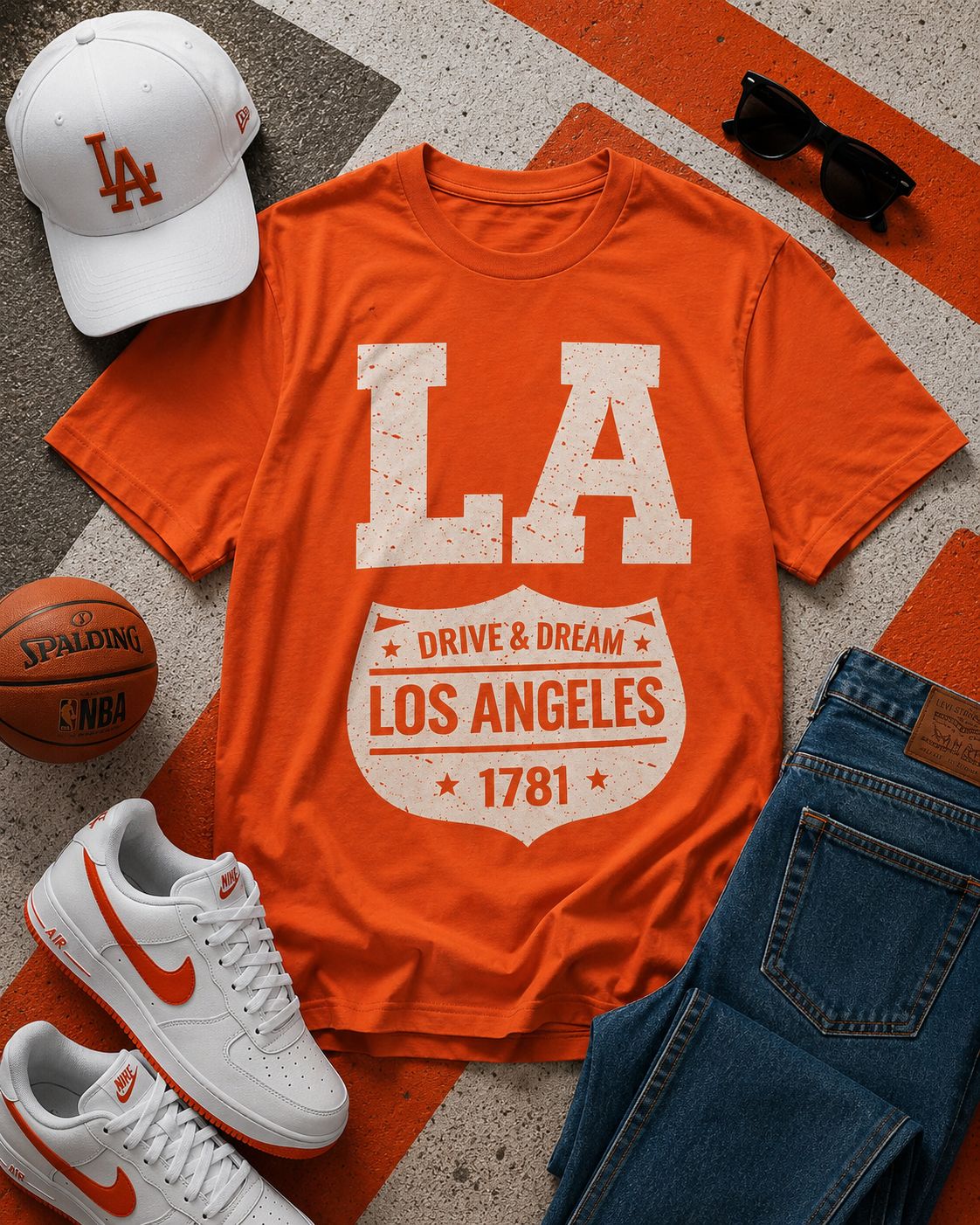 Orange t-shirt with 'Los Angeles' design, white sneakers, jeans, basketball, and cap on a textured surface.