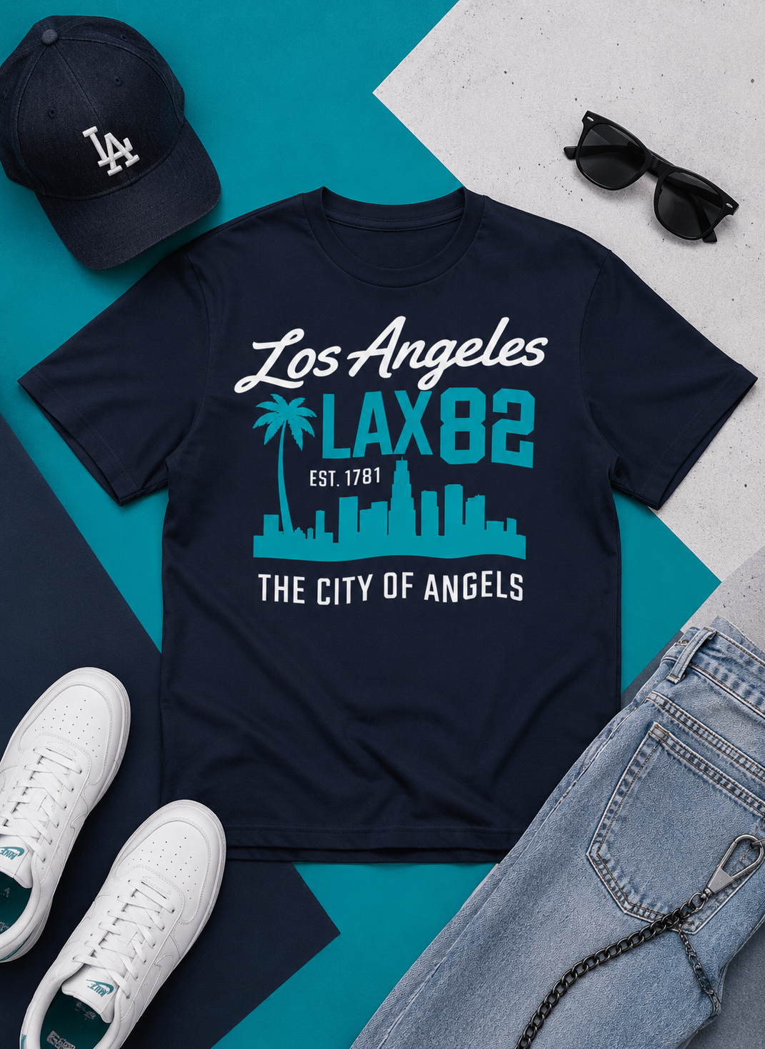 Navy t-shirt with 'Los Angeles LAX 82' design, surrounded by a cap, sunglasses, and jeans on a teal and gray background.