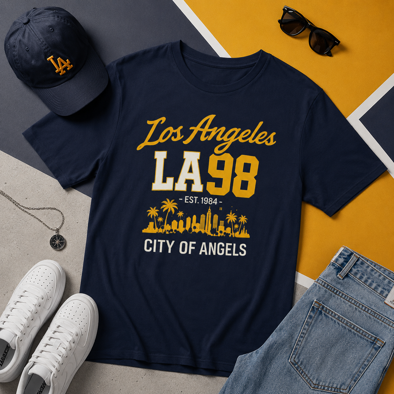 Navy t-shirt with 'Los Angeles LA98 City of Angels' design, surrounded by a cap, sunglasses, sneakers, and jeans on a multicolored background.