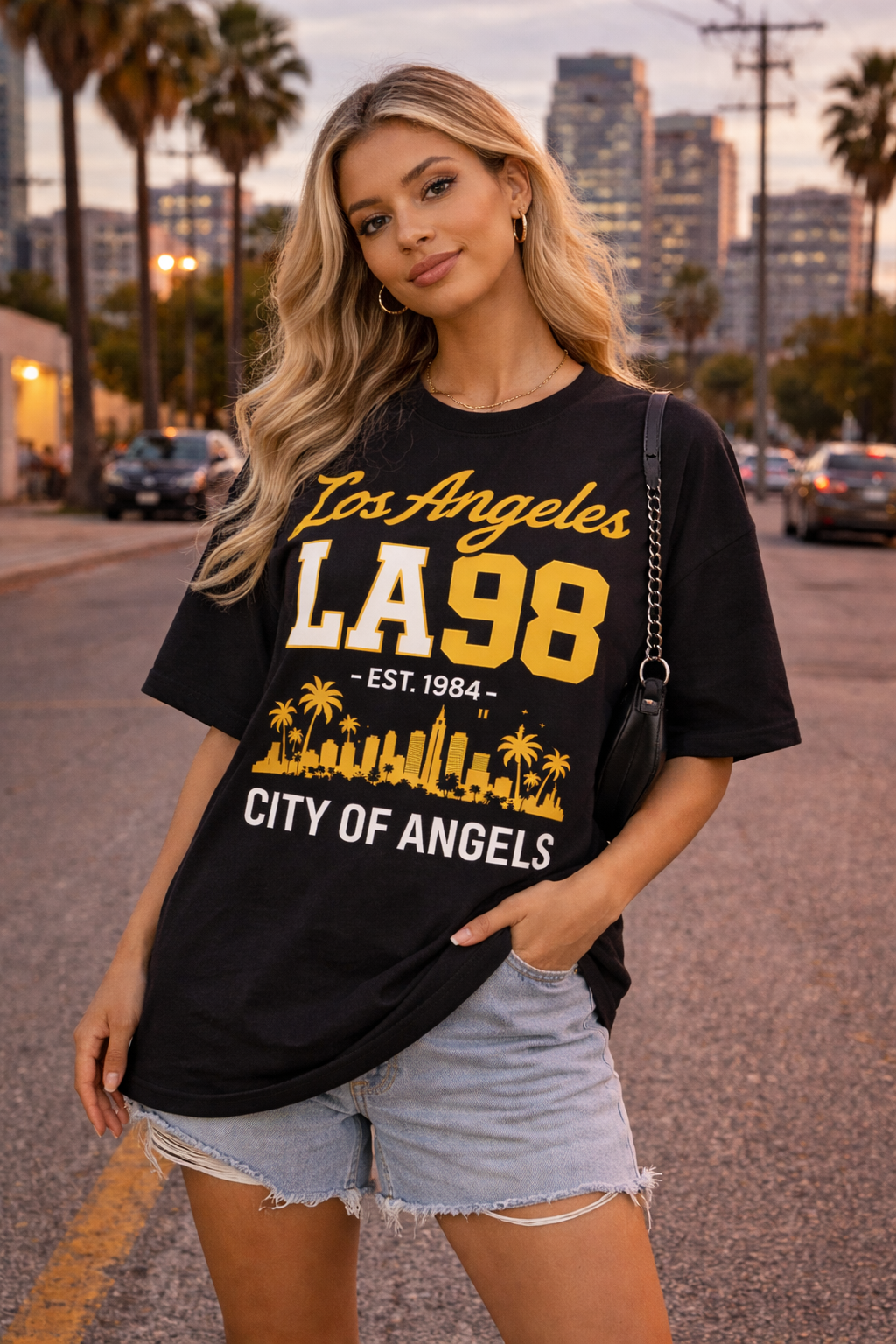 Woman wearing a black t-shirt with 'Los Angeles LA 98' text and palm tree design, standing on a street.